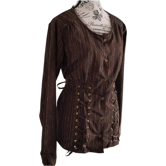Brown & Copper Striped Steampunk Blouse — Side Corset Lacing, Mesh Collar - Picture 5 of 8